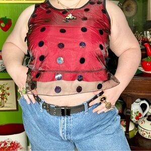 Vintage Goth Grunge Black Disco Sequenced Tulle Sheer Mesh Red Tank Top Blouse